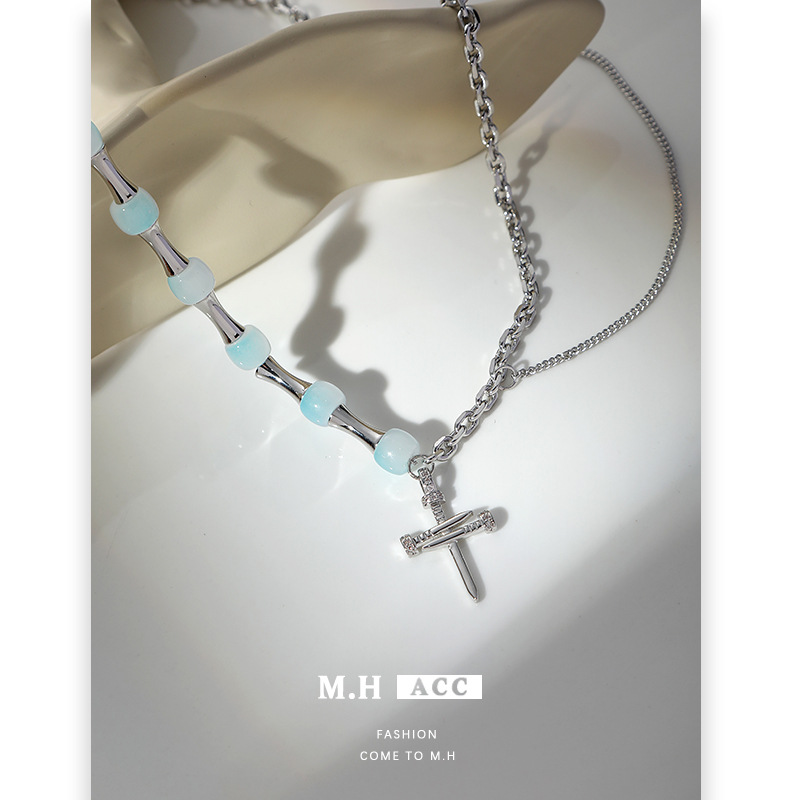Blue beaded cross necklace, women's chain, fashionable hip-hop sweater chain, exquisite and versatile, cold style necklace wholesale details Picture