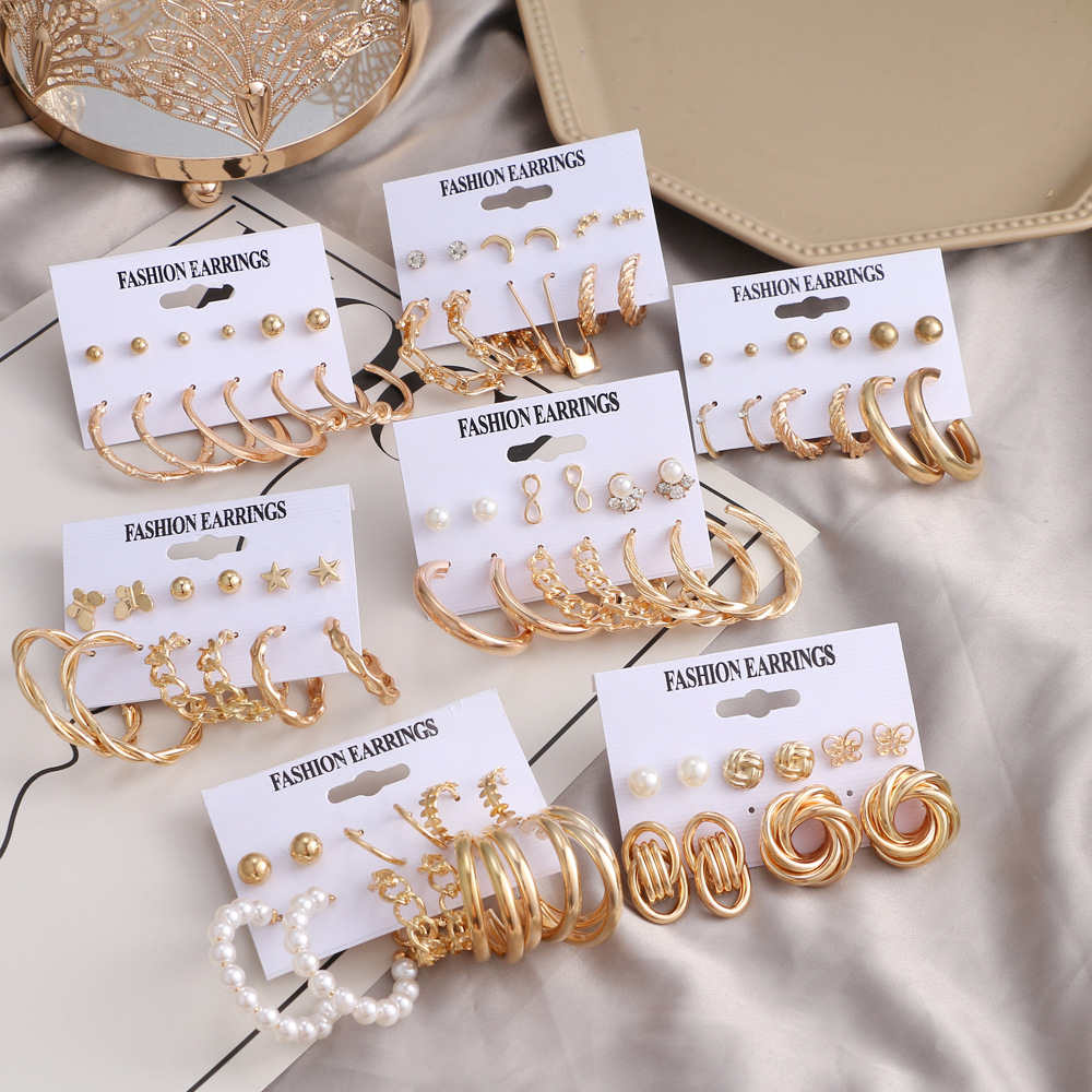 Retro gold earring set, 6-piece stud set, European and American cross-border French geometric inlaid pearl earrings Specification drawing