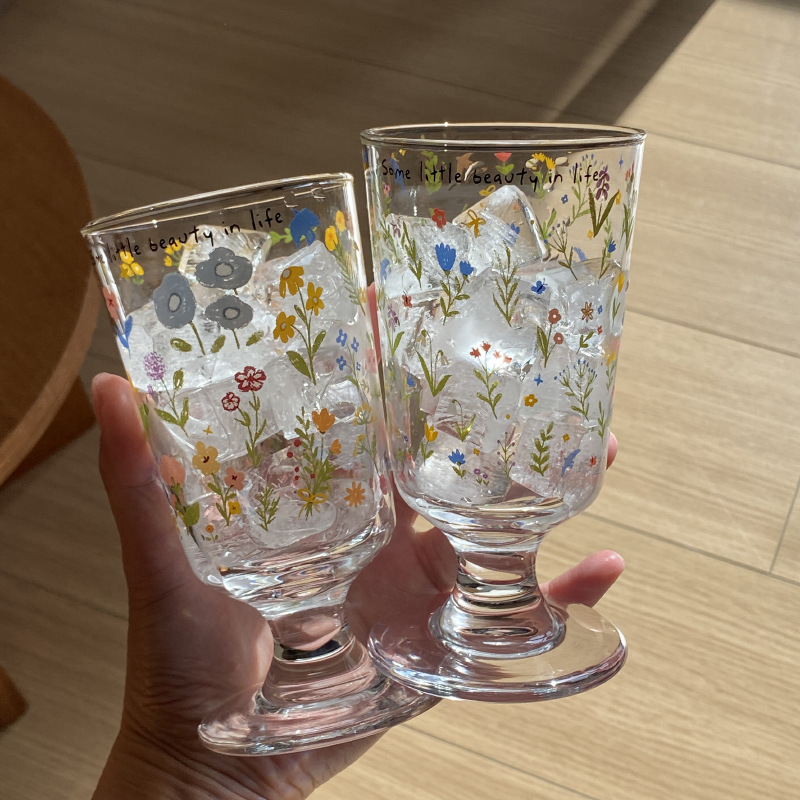 Retro French romantic tall glass, spring flower glass cup, dessert cup, niche and simple milk cup, heat-resistant Specification drawing