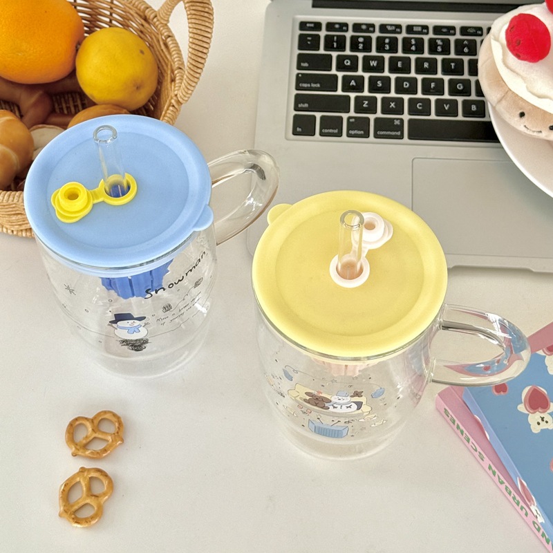 Korean InS-style large-capacity glass straw cup, girlish water cup, student drinking cup, glass snowman details Picture