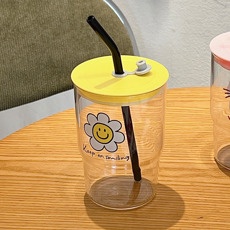 Bolimei Korean InS-style smiling glass straw cup, girlish water cup, student drinking cup, glass cup details Picture