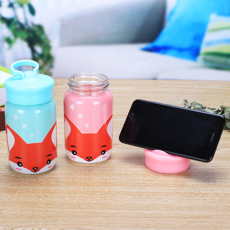 Fox glass cup advertising cup, female student's personalized and trendy mobile phone stand, water cup, fresh, portable and cute cup Specification drawing