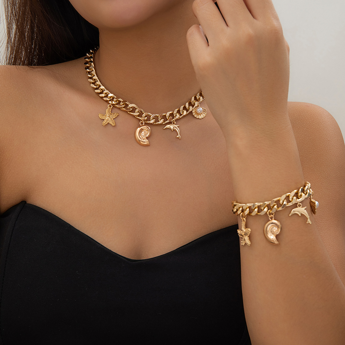 European and American cross-border jewelry ocean-style dolphin shell imitation pearl necklace for women, mixed and matched beach star-shaped pendant necklace details Picture