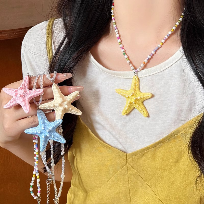 Dopamine long beaded starfish necklace for women, summer seaside and island vacation style, exaggerated collarbone chain accessory processing Specification drawing