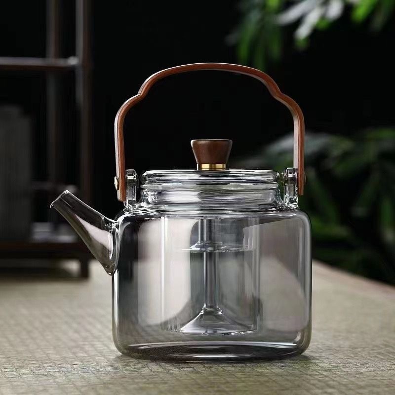 High borosilicate glass teapot, walnut wood, smoky grey handle teapot, double-pot teapot for brewing tea around the stove full figure