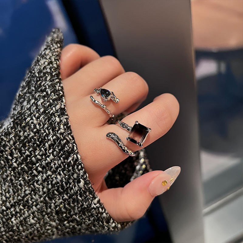 ins niche retro dark style lava personality gradient zircon ring, high-end design sense open index finger ring for women details Picture