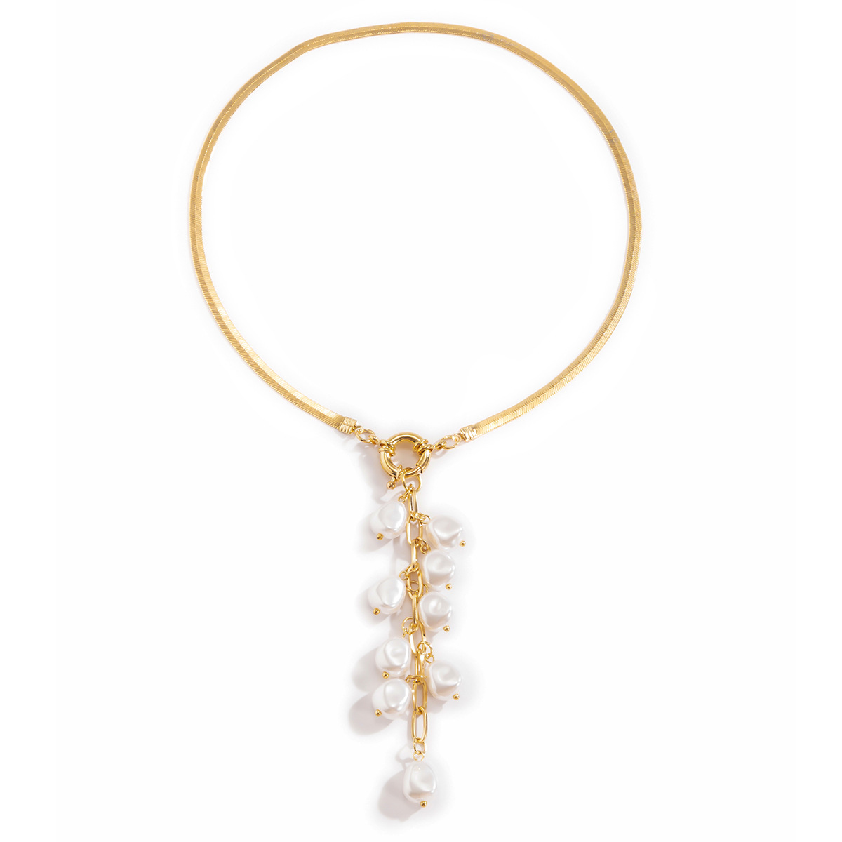 Baroque court-style pearl tassel necklace, retro geometric flat snake bone necklace, European and American cross-border snow soft jewelry Item Picture