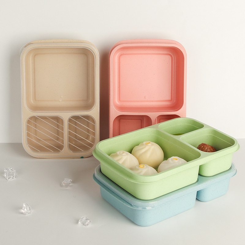 Wholesale of cross-border wheat straw lunch boxes, Japanese large-capacity square three-compartment lunch boxes, and plastic student compartments lunch boxes details Picture