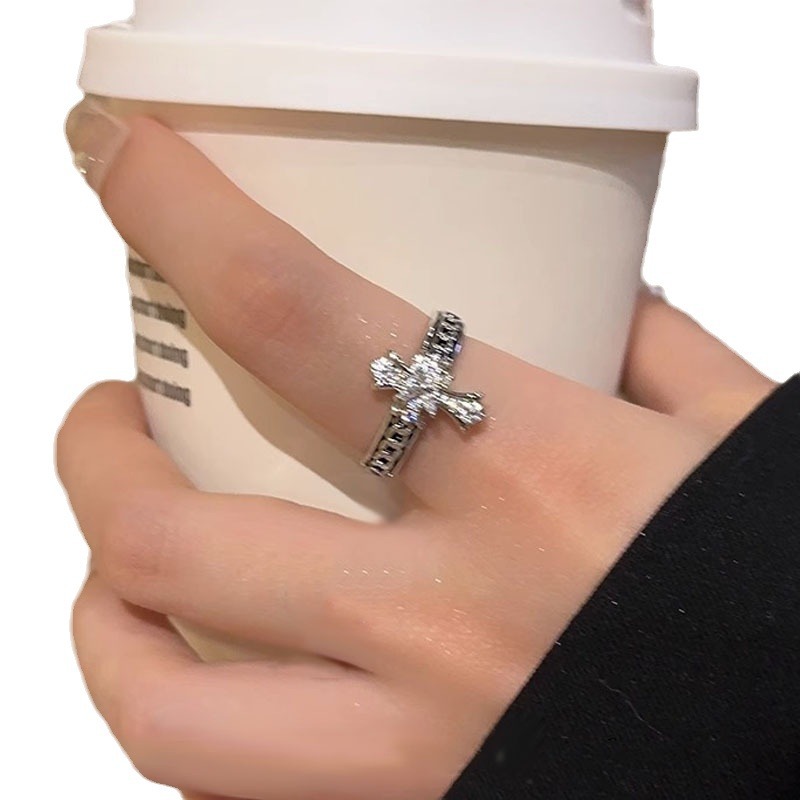 Dark and cool cross-shaped zircon open ring for women's Instagram niche design, high-end and cold style new ring Item Picture