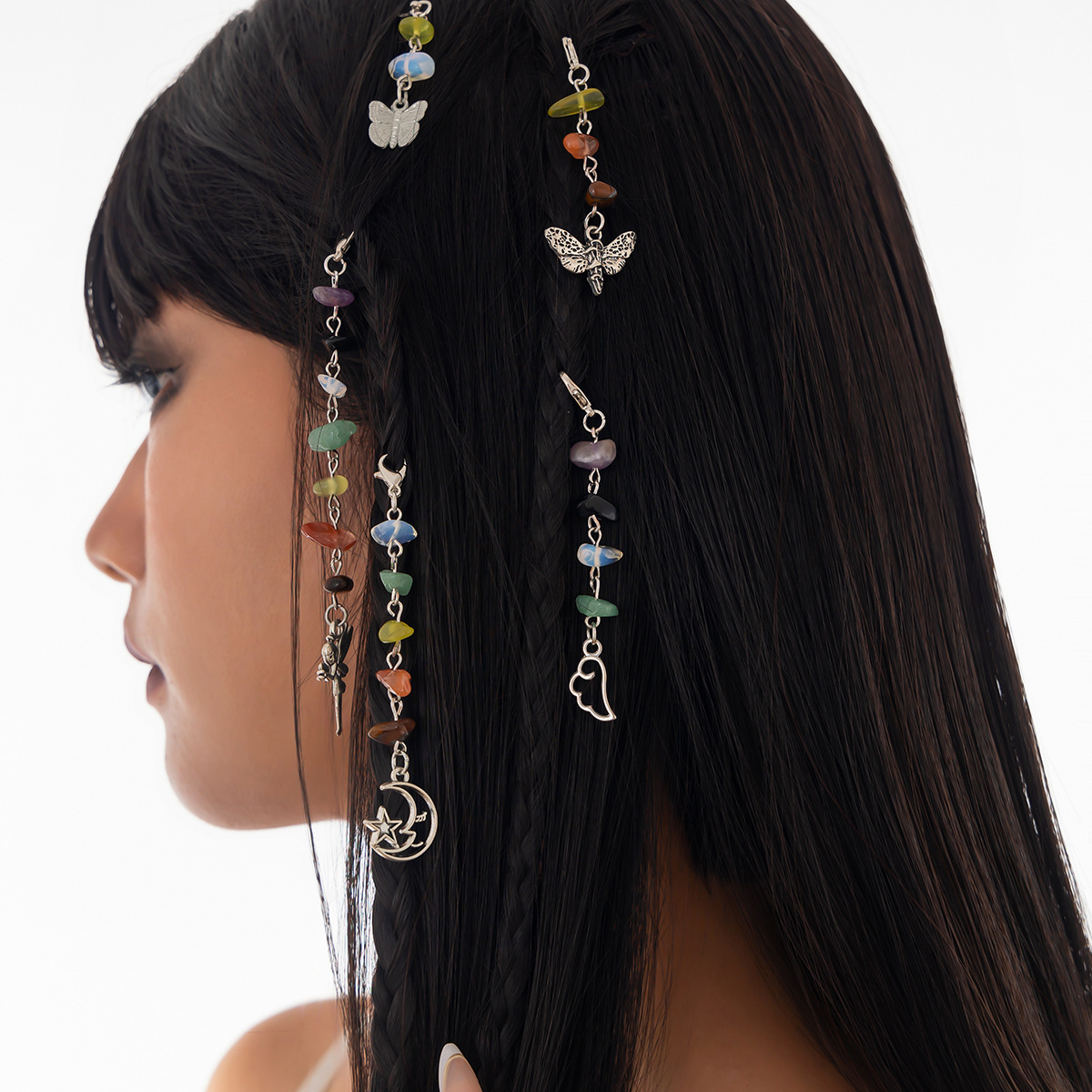 European and American cross-border best-selling headwear, multi-element tassel combination hair chain set, colorful crushed stone braided hair fashion hair accessory Specification drawing