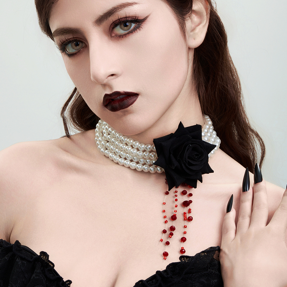 European and American cross-border jewelry sweet and cool style rose multi-layer pearl necklace, personalized tassel imitation blood drop collarbone chain details Picture