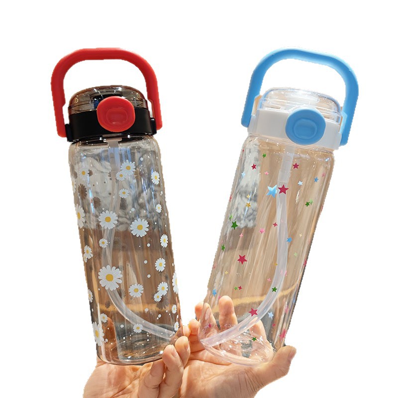 Summer new cross-border fitness water bottle with lock, large-capacity portable handle, transparent straw, plastic water cup Item Picture
