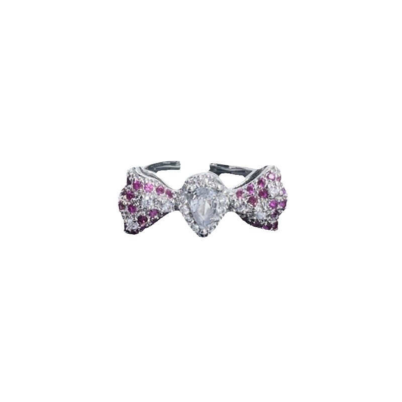 Sweet and cool, light luxury, high-end red diamond three-dimensional bow ring, a sophisticated, fashionable and exquisite index finger ring Item Picture