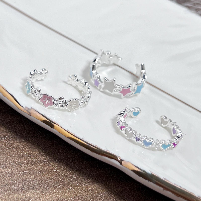 A trendy Korean version, cute style, colorful glazed star opening ring, a sweet and cool ring with a heart and flowers full figure