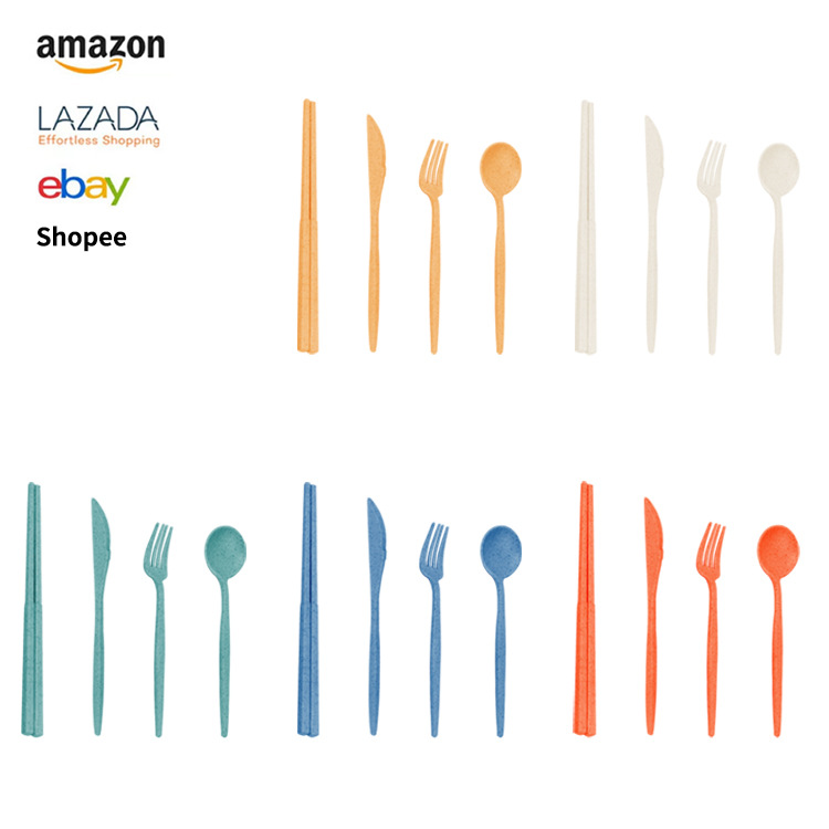 Cross-border portable wheat straw tableware set, plastic knife, fork, spoon, chopsticks and tableware four-piece set, gift manufacturer wholesale full figure