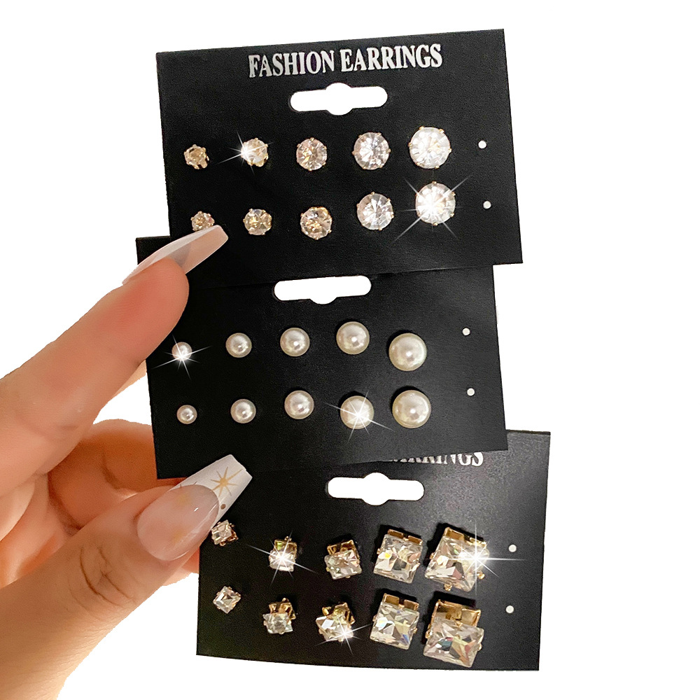 A set of 15 pairs of geometric six-prong crystal zircon stud earrings with a retro charm, which are popular in European and American foreign trade Item Picture