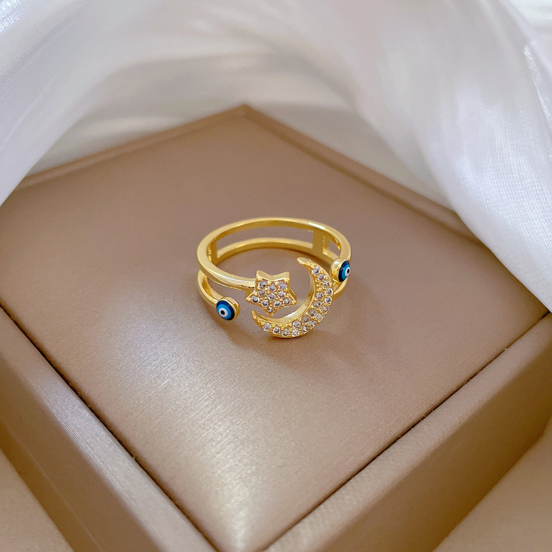 【 Real gold electroplating 】 Open star and moon fashion slightly inlaid light luxury ring index finger ring, the same style as the Internet celebrity, cold style Specification drawing