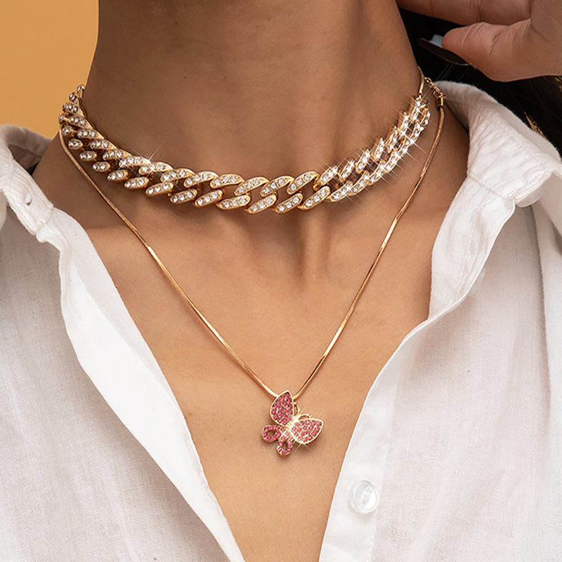 European and American cross-border jewelry, retro butterfly rose gold collarbone necklace, simple Cuban clasp snake bone chain necklace full figure