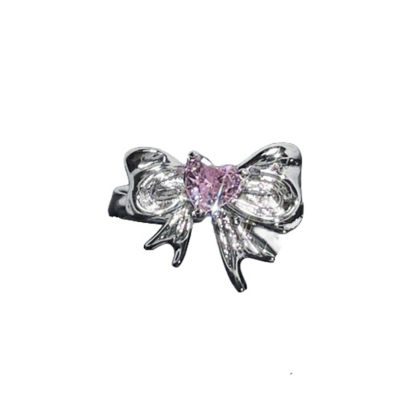 Sweet and cool style, bow, pink diamond, zircon open ring, women's Instagram cold style, niche design, high-end feel ring Item Picture