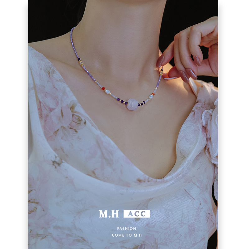 Colorful amethyst beaded necklace for women, freshwater pearl collarbone chain, niche retro design style, Instagram-layered necklace Specification drawing