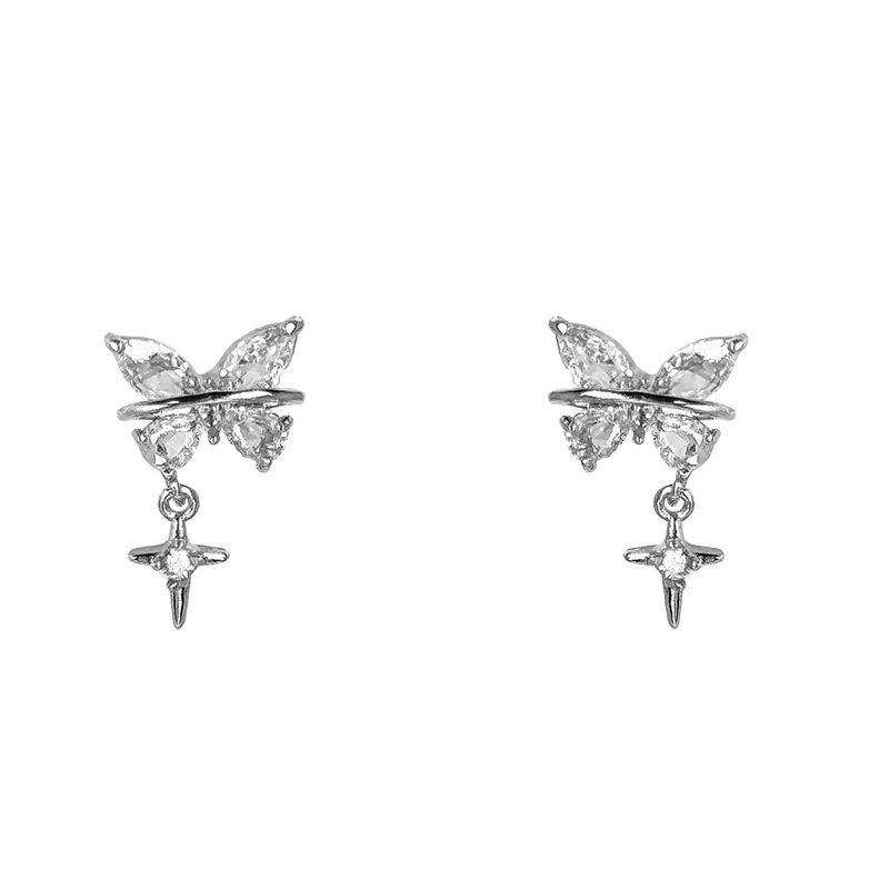 Heartbeat DNA! Butterfly Starlight Zircon silver needle stud earrings for women, light luxury, niche and exquisite ear bone clips without ear piercings Item Picture