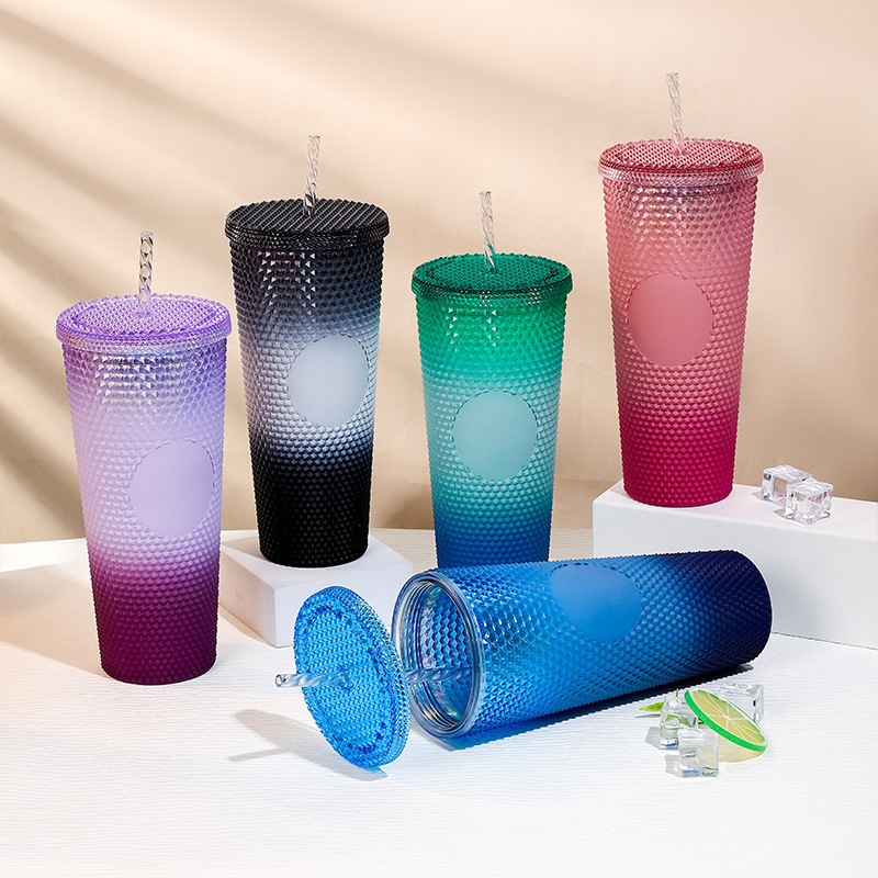 Cross-border best-selling new gradient color durian cup 700ml large-capacity plastic straw cup, drinking cup straw wholesale details Picture