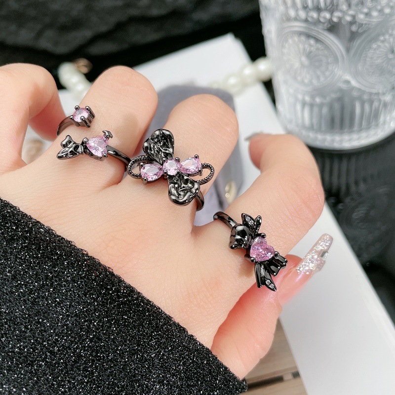 Cool dark style pink diamond heart-shaped bow open ring for women on Instagram, cold style, hot girl fashion ring details Picture