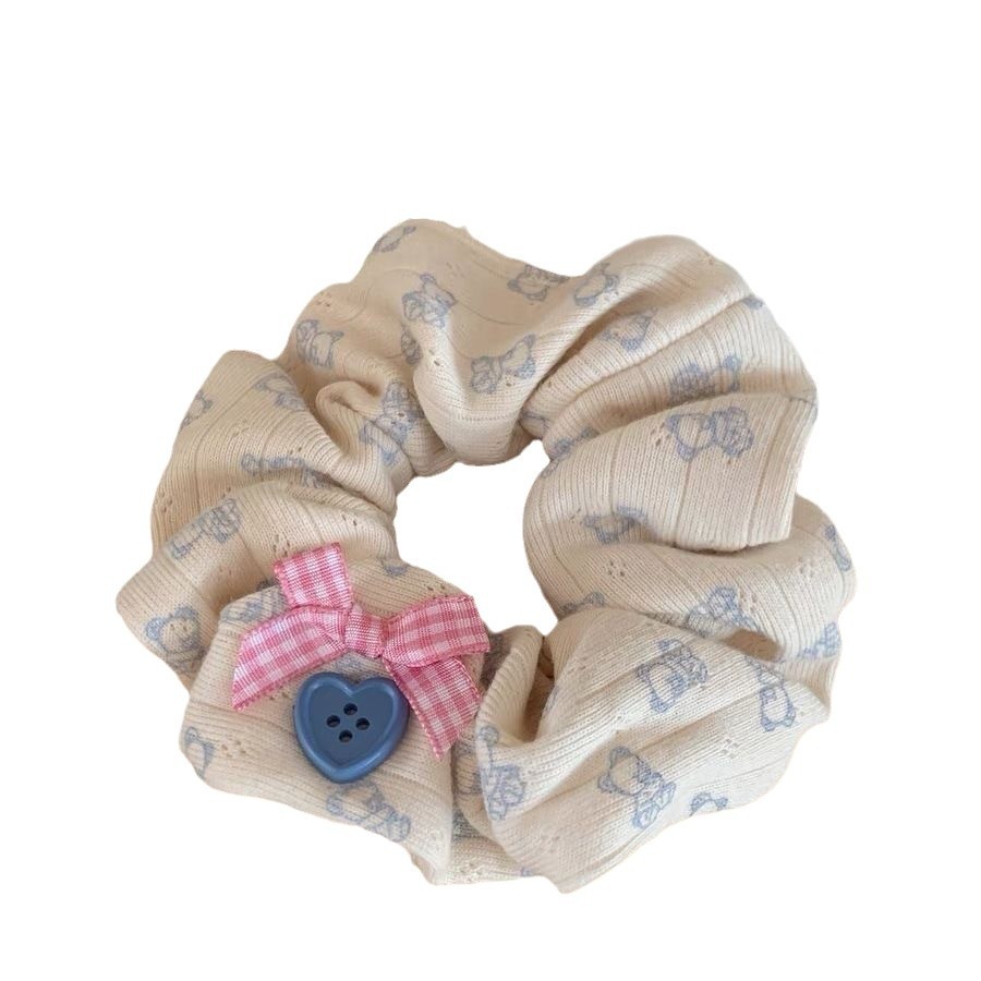 Cute little bear fabric large intestine circle, checkered bow, heart-shaped button hair band, girl's bun hairstyle, ponytail hair tie Item Picture
