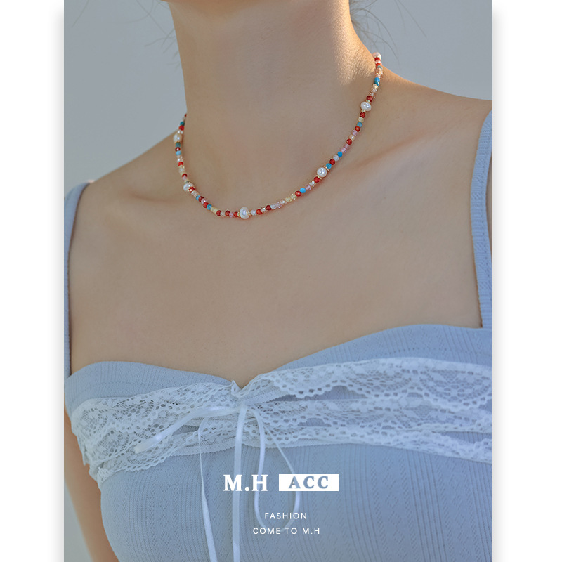 Fresh and colorful pearl zircon necklace for women, ins style, simple, fashionable and high-end collarbone necklace wholesale details Picture