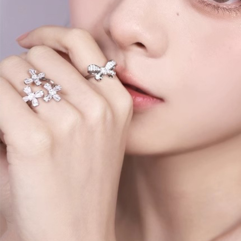 French super fairy bow flower full diamond zircon open ring for women, light luxury and high-end, sweet and cool layered food ring Specification drawing