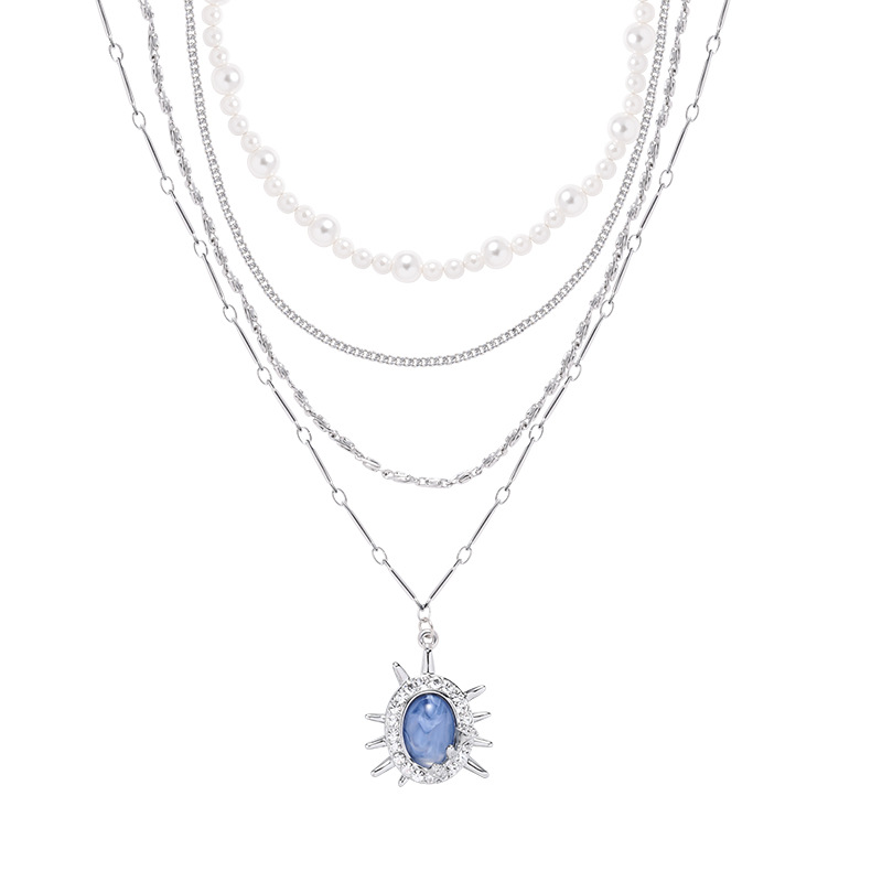 Original sea blue Korean-style layered necklace, light luxury and niche collarbone chain, ins high-end fashion style zircon pendant Item Picture