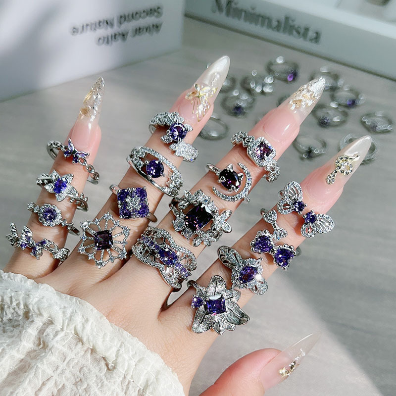 The Nine Purple Flame series purple diamond Sweet, cool, light luxury, high-end and elegant open ring is a fashionable and niche design for women full figure