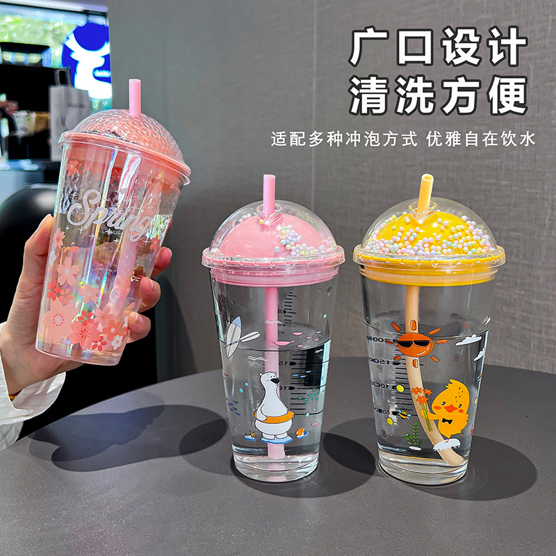Cartoon graduated glass straw cup, double-layer portable summer casual cup, cute straw cup, creative cup full figure