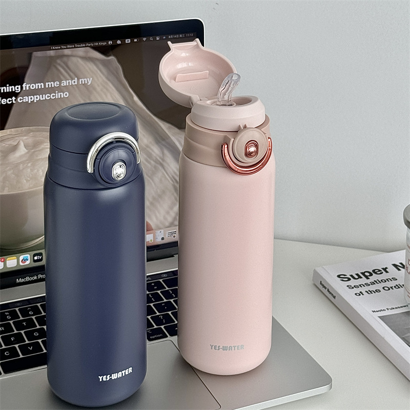 Solid color simple and bouncy double-drinking straw cup, office business portable stainless steel insulated cup gift manufacturer wholesale details Picture