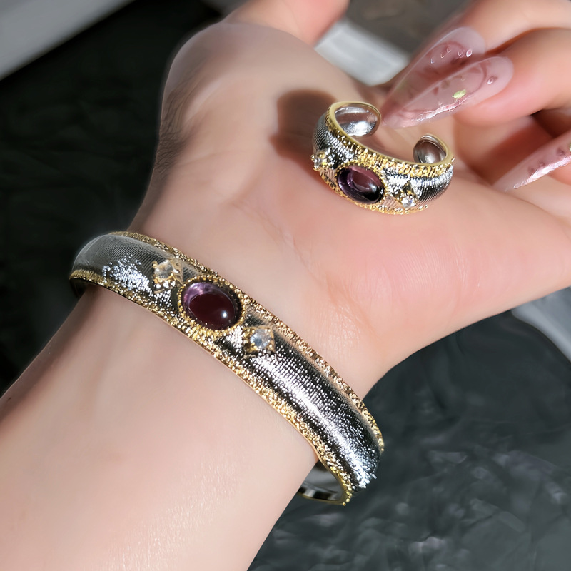 vintage purple stone oval wide brushed bracelet ring set for women, with a touch of light luxury and sophistication in a court style full figure