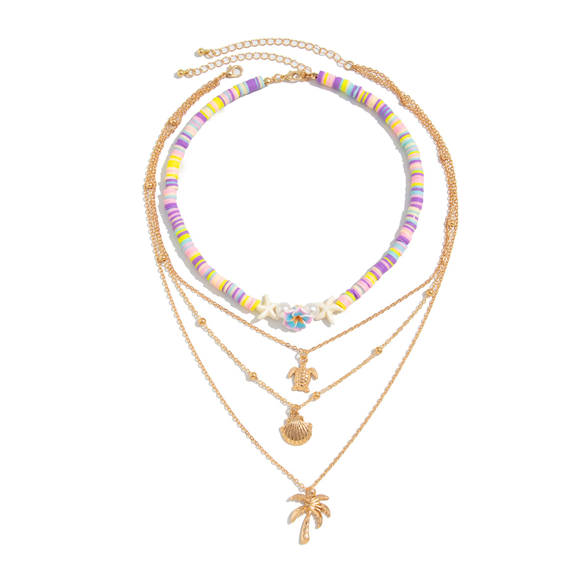 European and American cross-border jewelry, Bohemian colored soft clay beaded necklace, beach scallop fish tail alloy collarbone chain Item Picture