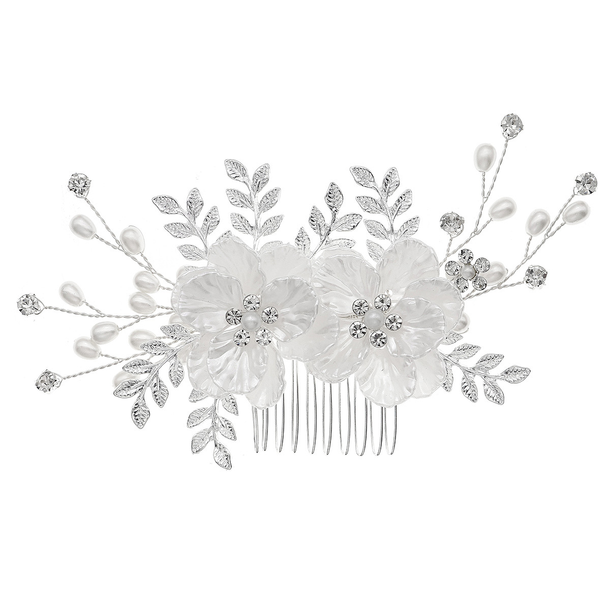 New cross-border white flower hair accessories and earrings, European and American bride accessories, handcrafted rhinestone pearl hair comb and earring set Item Picture