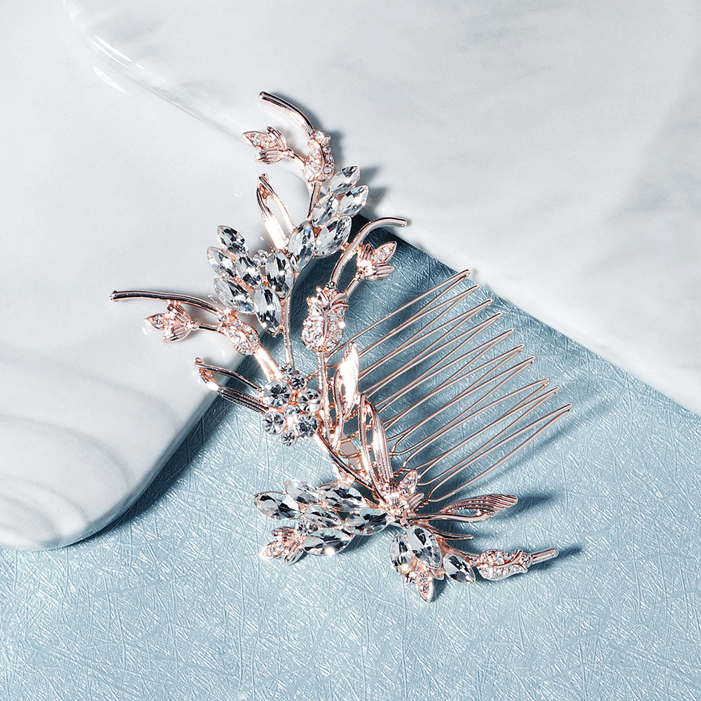 New accessories: A luxurious alloy diamond-encrusted hair comb with a high-end touch, a bride's embroidered flower dress, and hair accessories Specification drawing