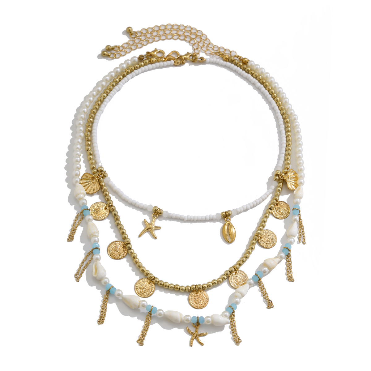 European and American cross-border jewelry, ins starfish imitation pearl necklace set, niche alloy irregular multi-layer collarbone chain Item Picture
