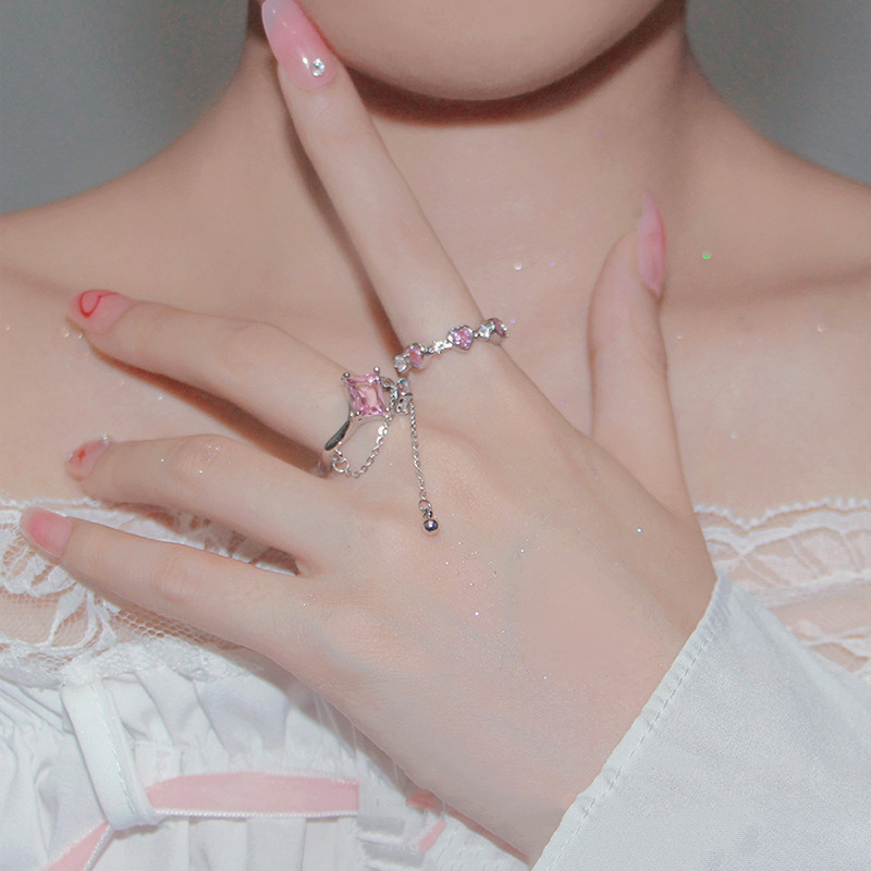 A pink zircon heart-shaped ring with square tassels and chain opening, a light luxury ring for women in INS 2022 new style Item Picture