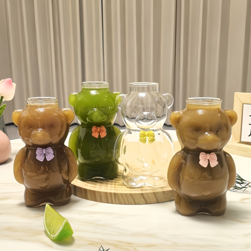 High borosilicate transparent glass cup, popular simple bear glass cup, ins style cute cartoon universal single-layer cup details Picture
