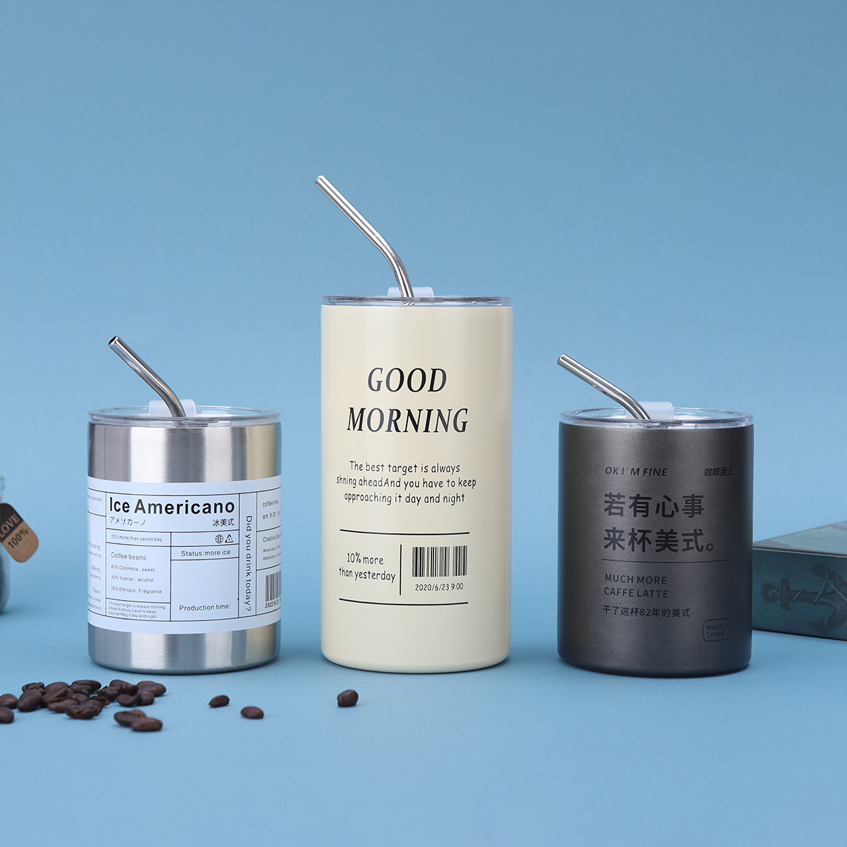 Foreign trade 304 stainless steel iced Americano cup, vacuum double-layer cup with straw, straight cup, household portable insulated cup Specification drawing