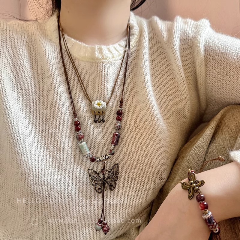 Bohemian ethnic style butterfly necklace, new Chinese retro long pendant for women, summer fashion, versatile and vacation style Specification drawing