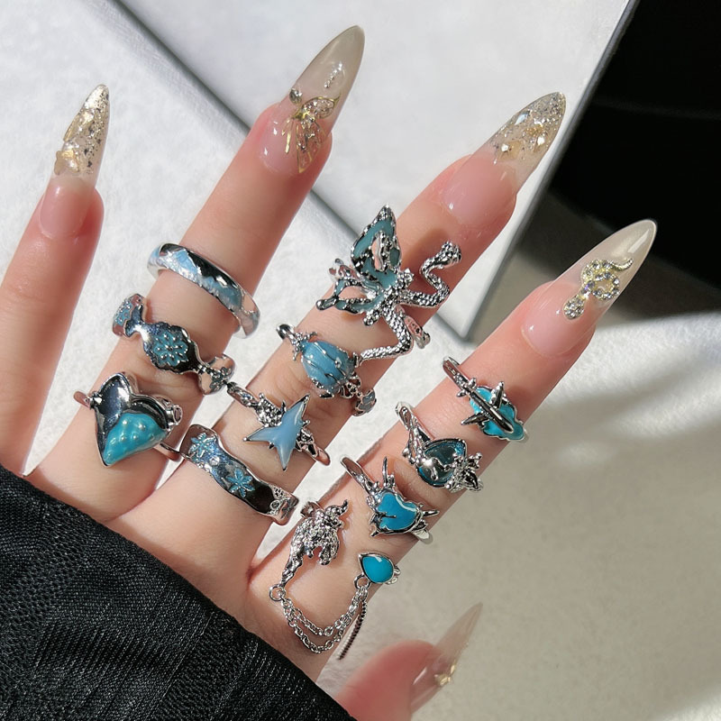 Exquisite cross-border versatile, fresh and light blue drip glaze whitening ring, a cold and feminine style, a niche androgynous ring Specification drawing