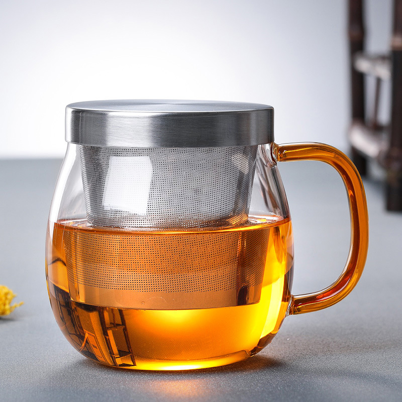 Thickened glass cups, water cups, stainless steel LIDS, transparent cups, wholesale household water cups, tea brewing cups with LIDS, filter flower tea cups full figure