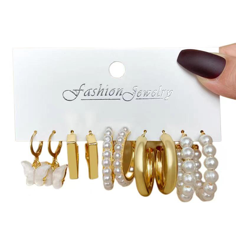 Amazon 32-pair vintage alloy butterfly pearl stud creative and simple acrylic card stud earring set Specification drawing