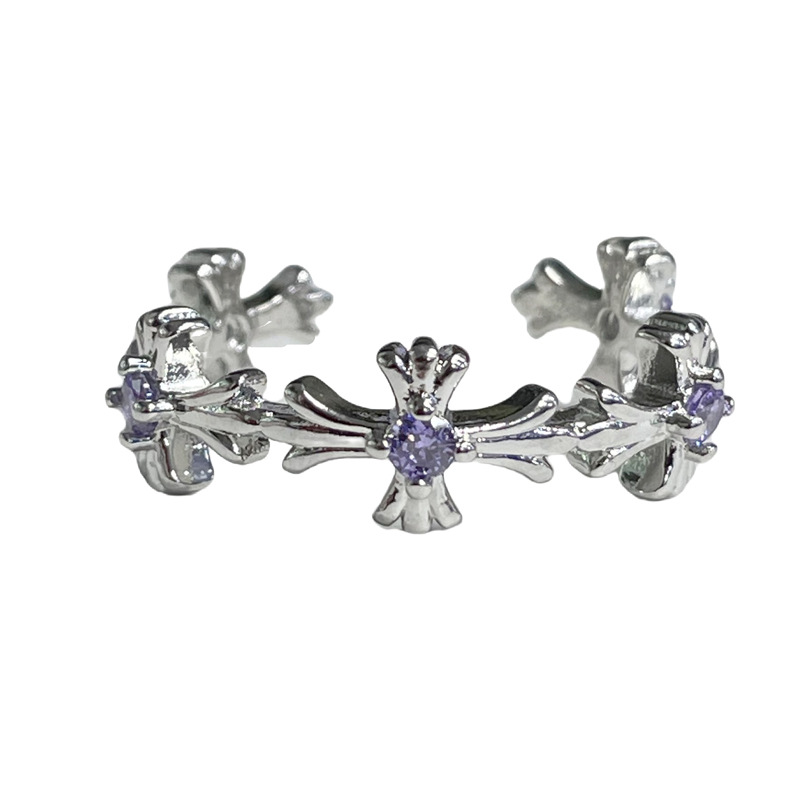A niche retro cross-shaped open ring for women, a simple layering of colored zircon, sweet, cool, fashionable and versatile ring for commuting Item Picture