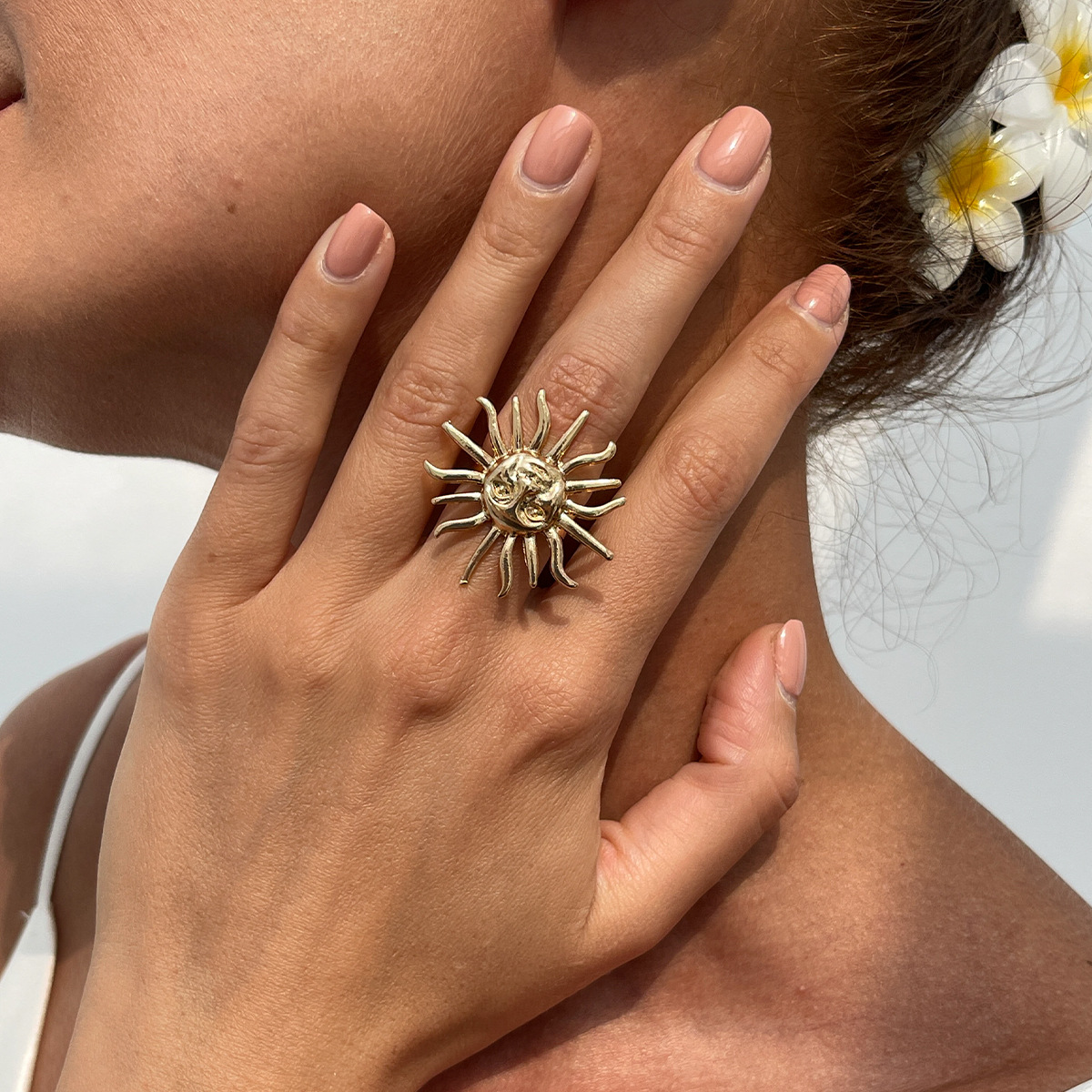 European and American cross-border jewelry, exaggerated face sun alloy ring set, vacation beach geometric adjustable ring details Picture