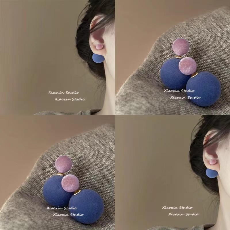 The plum bubble New Year atmosphere French retro flocked round ball color-blocking earrings exude a high-end feminine charm and a unique style Specification drawing