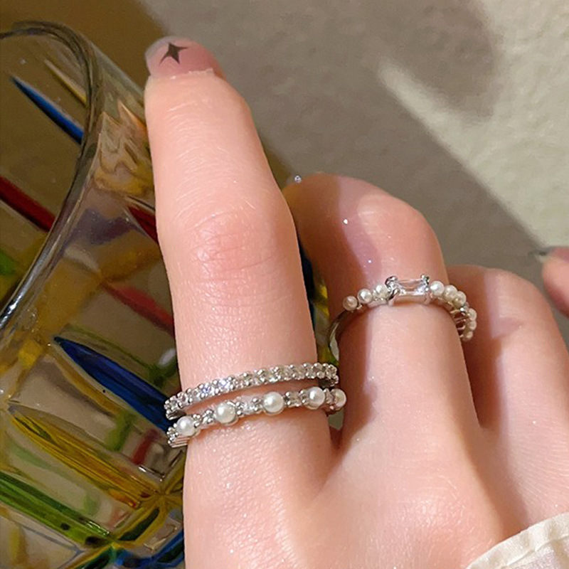 Gentle and elegant, sweet and cool pearl zircon open ring, a delicate and light luxury Korean Internet celebrity fashion and personality food ring full figure
